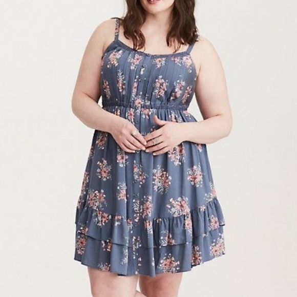 torrid Dresses & Skirts - Torrid Blue Floral Tiered Ruffle Dress – Size Large